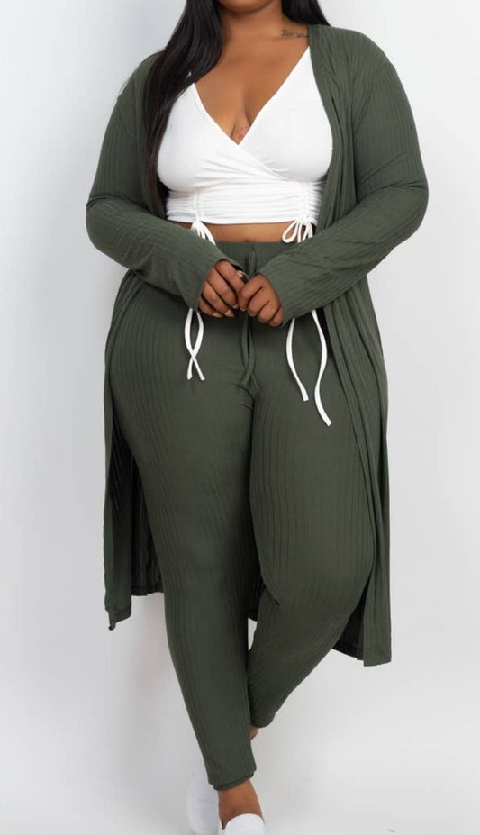 Plus Size Ribbed Long Cardigan & Leggings Set