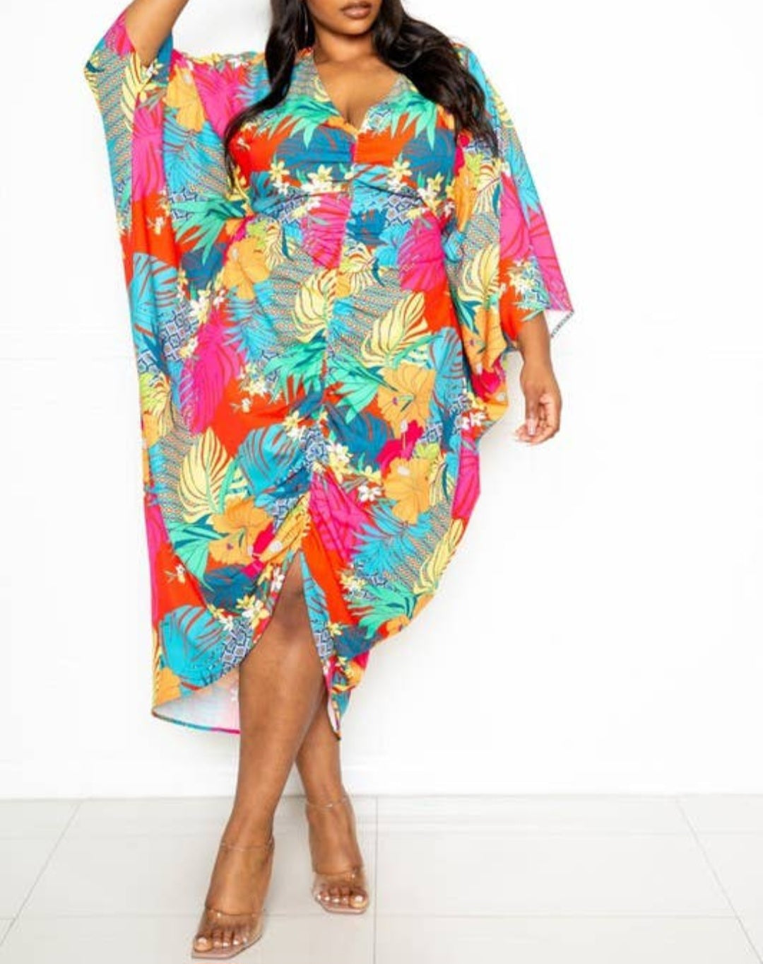 Plus Size Printed Ruched Kaftan Dress